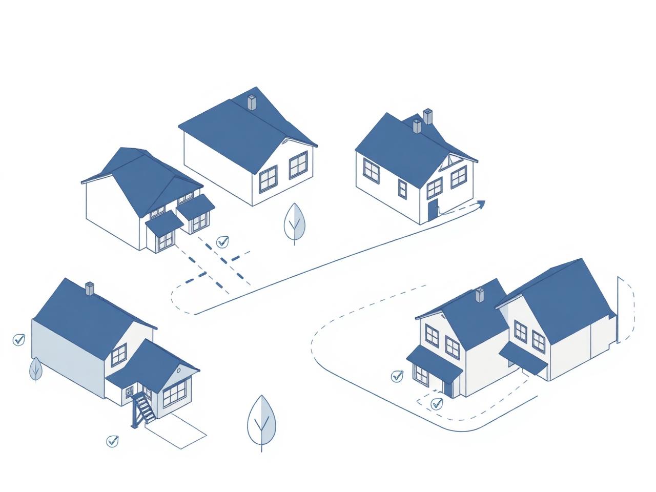 Illustration of suburban homes flowing through an architectural review approval pipeline